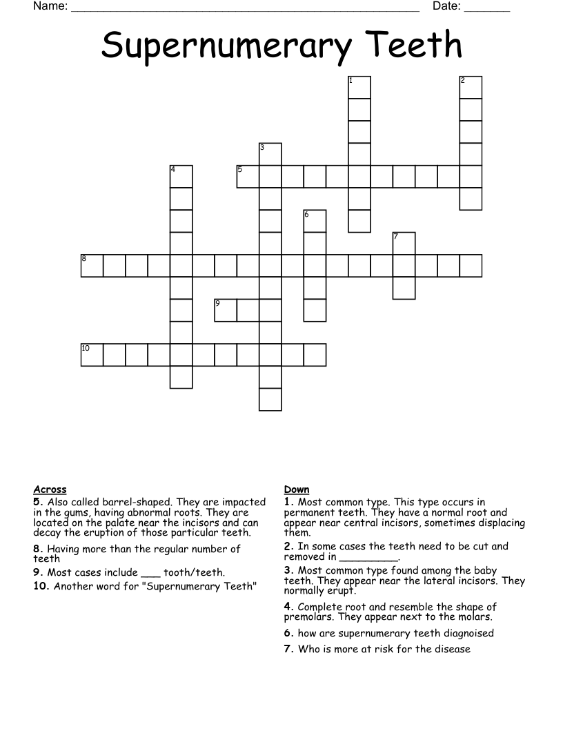 Supernumerary Teeth Crossword