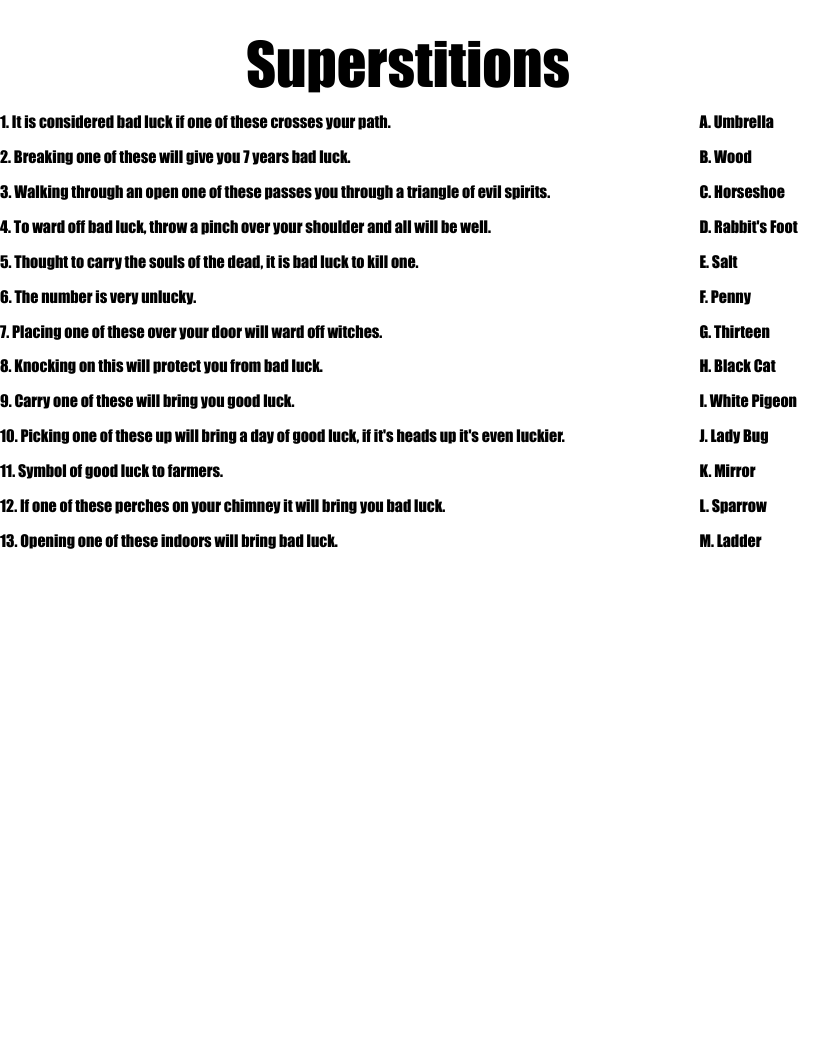 Superstitions Worksheet