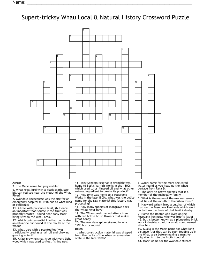 Supert-tricksy Whau Local & Natural History Crossword Puzzle