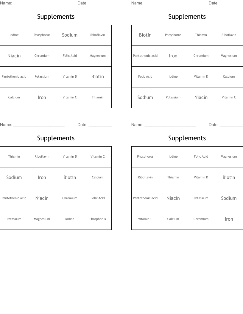 Supplements Bingo Cards