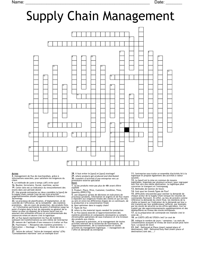 Supply Chain Management  Crossword