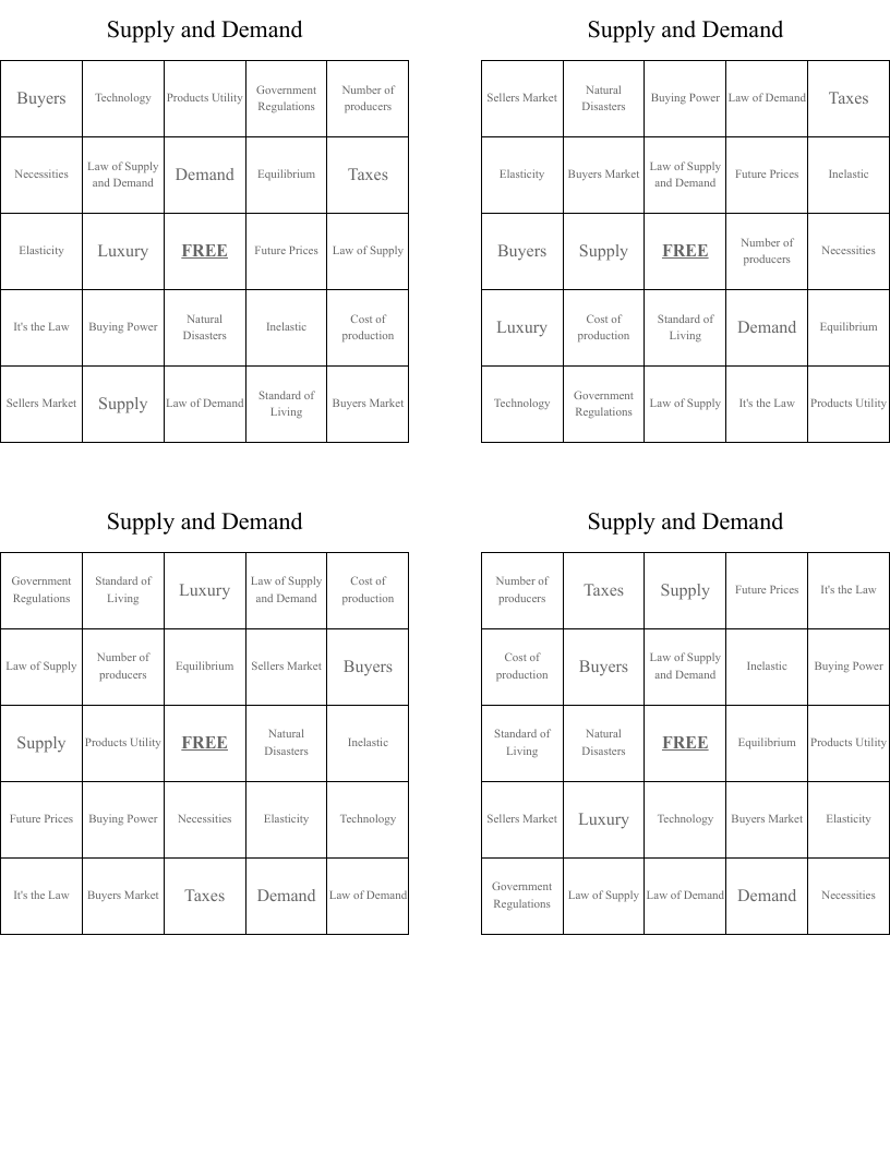 Supply and Demand Bingo Cards