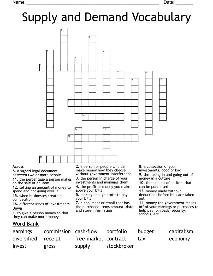Supply and Demand Vocabulary Crossword