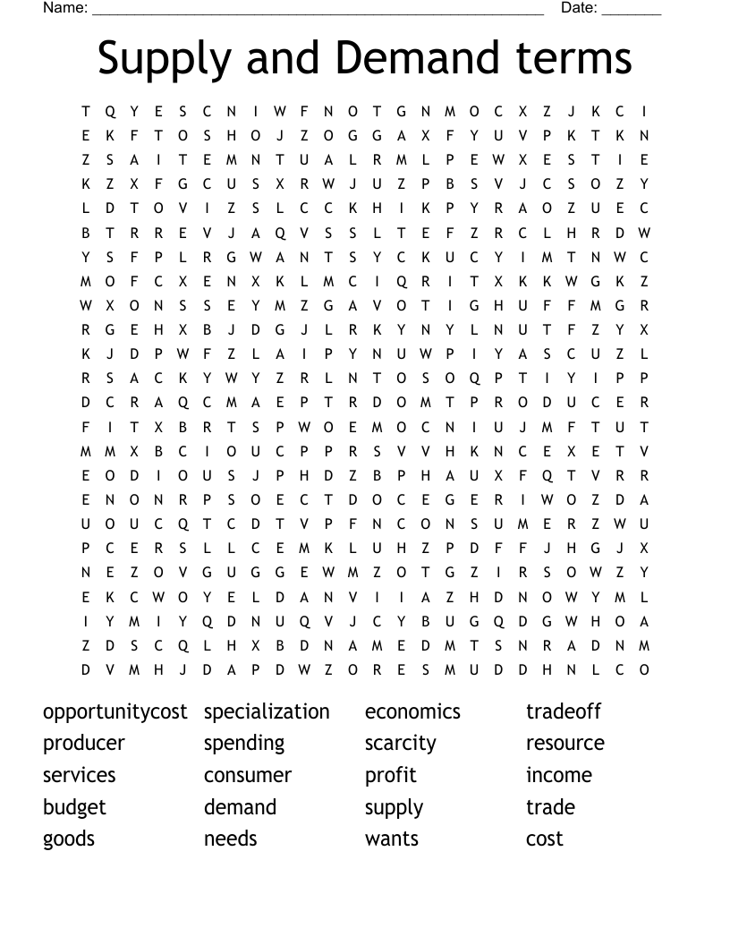 Supply and Demand terms Word Search
