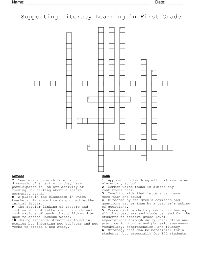 Supporting Literacy Learning in First Grade Crossword