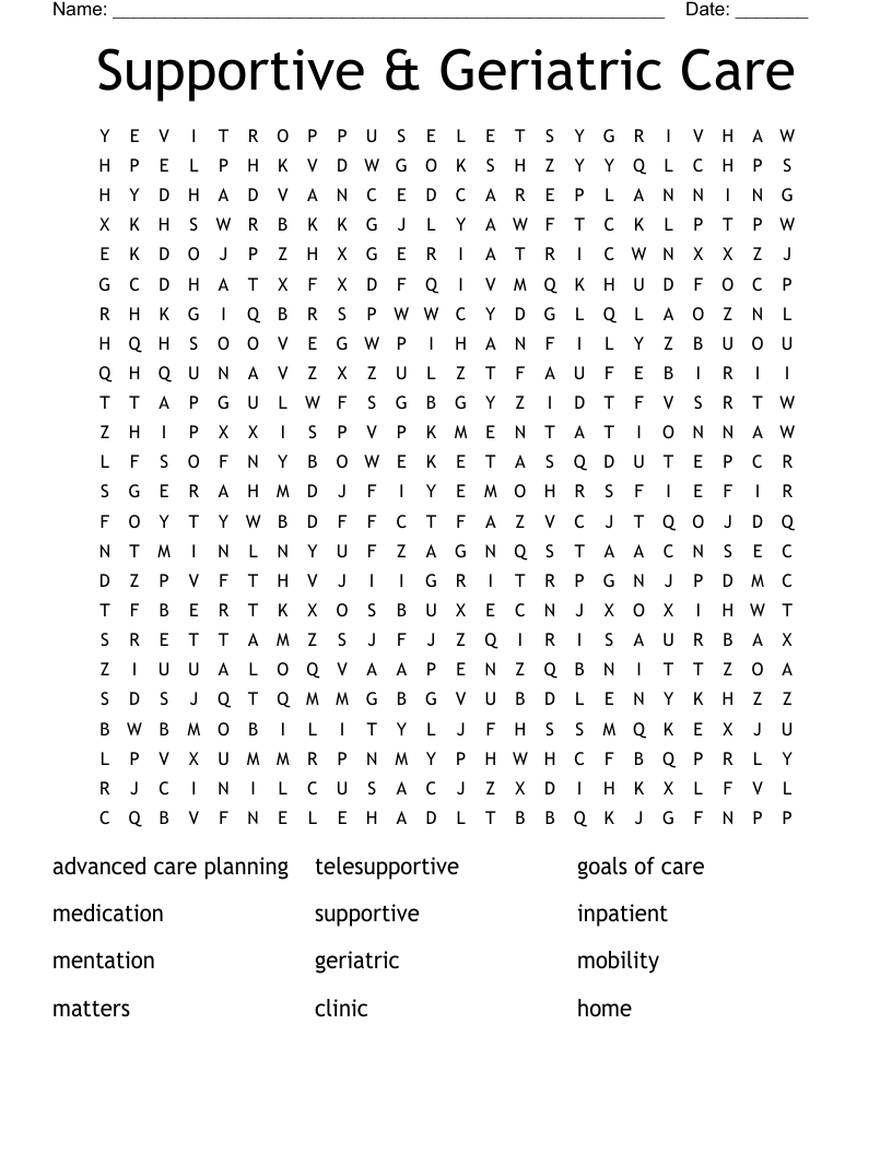 Supportive & Geriatric Care Word Search
