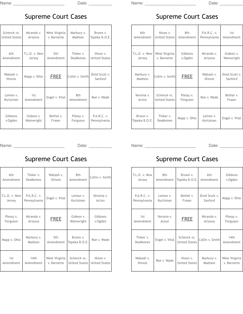 Supreme Court Cases Bingo Cards