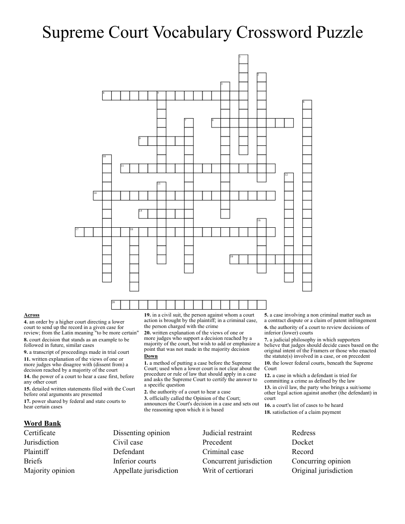 Supreme Court Vocabulary Crossword Puzzle