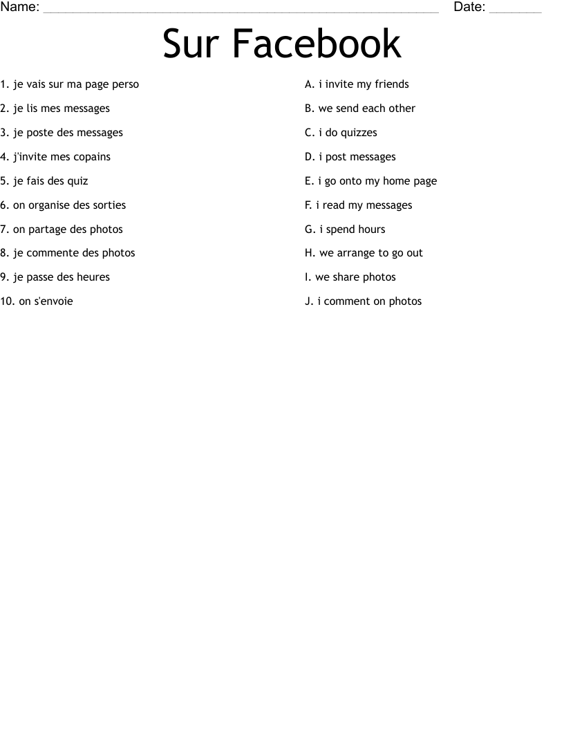 Sur Facebook Worksheet