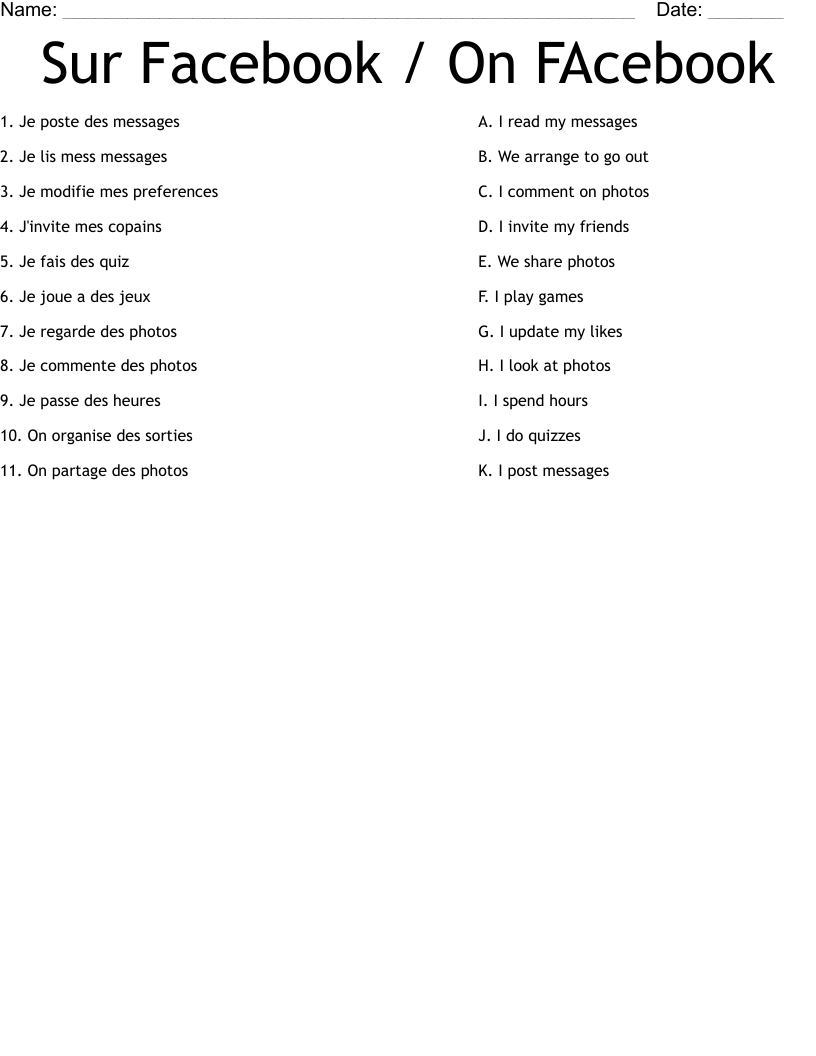 Sur Facebook / On FAcebook Worksheet