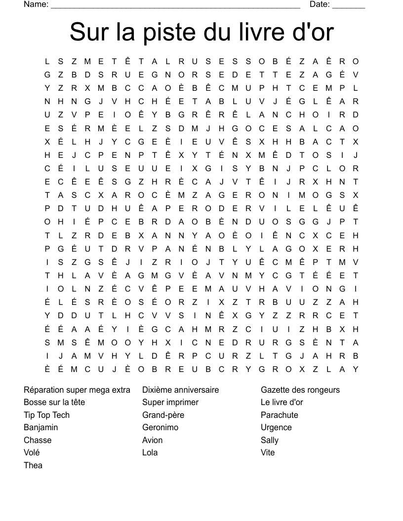 Sur la piste du livre d'or Word Search