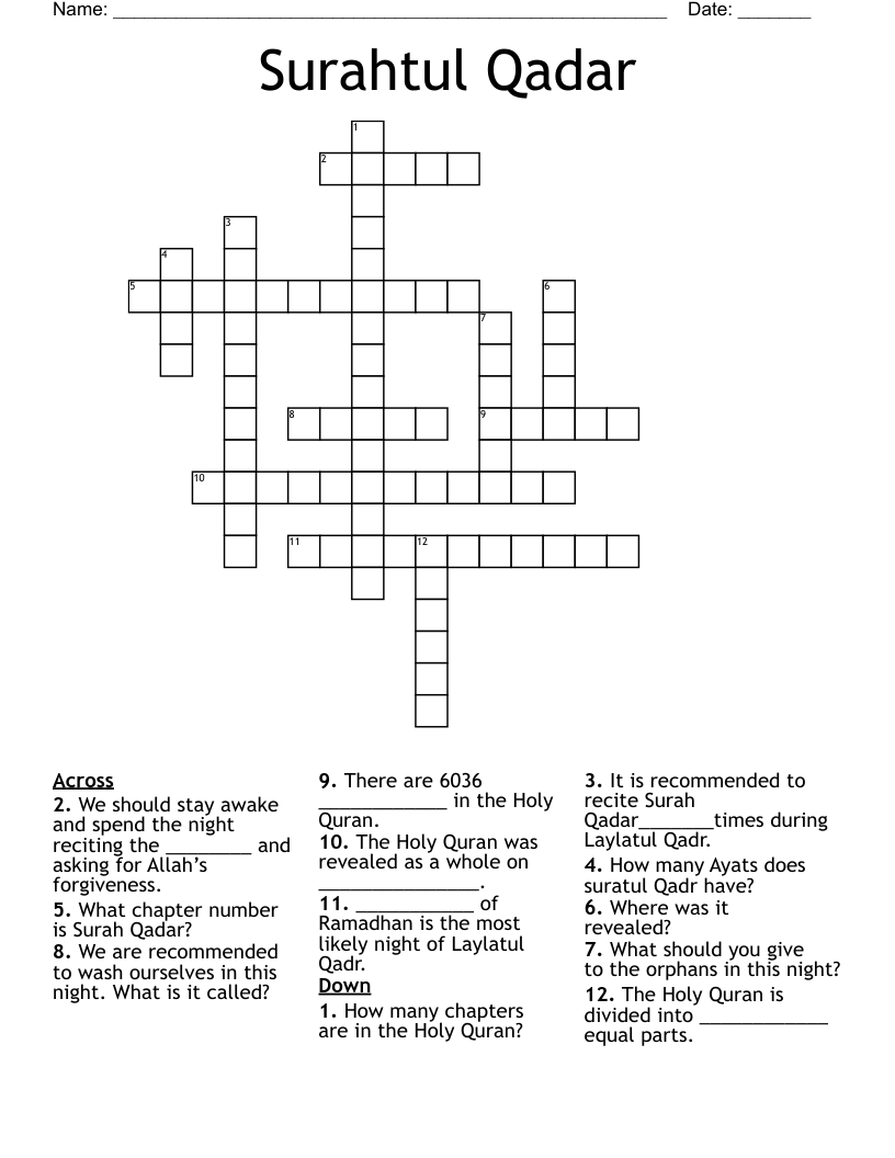 Surahtul Qadar Crossword