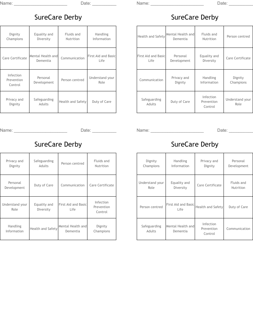 SureCare Derby Bingo Cards