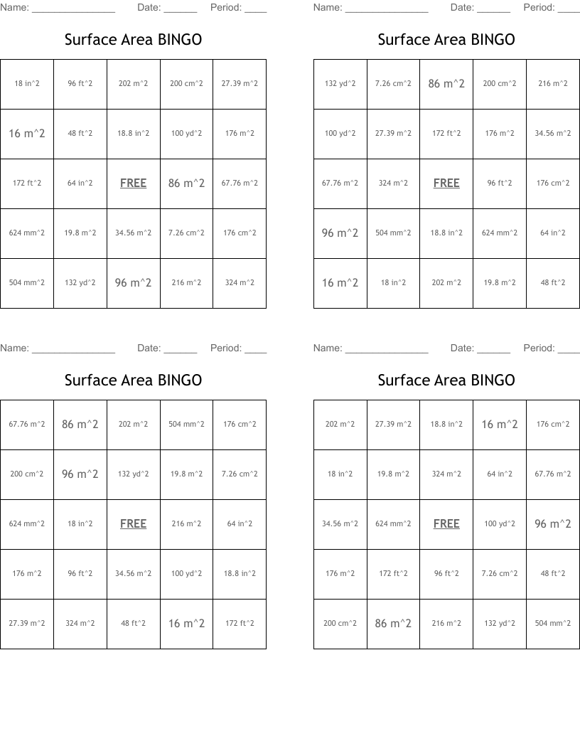 Surface Area BINGO