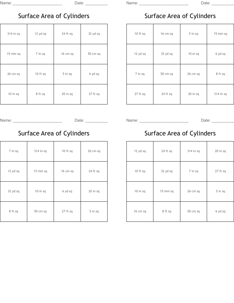 Surface Area of Cylinders Bingo Cards