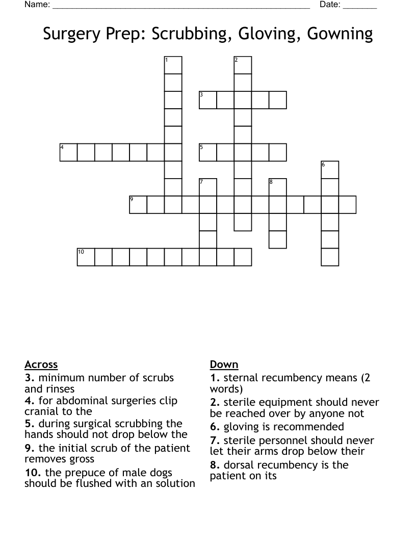 Surgery Prep: Scrubbing, Gloving, Gowning Crossword
