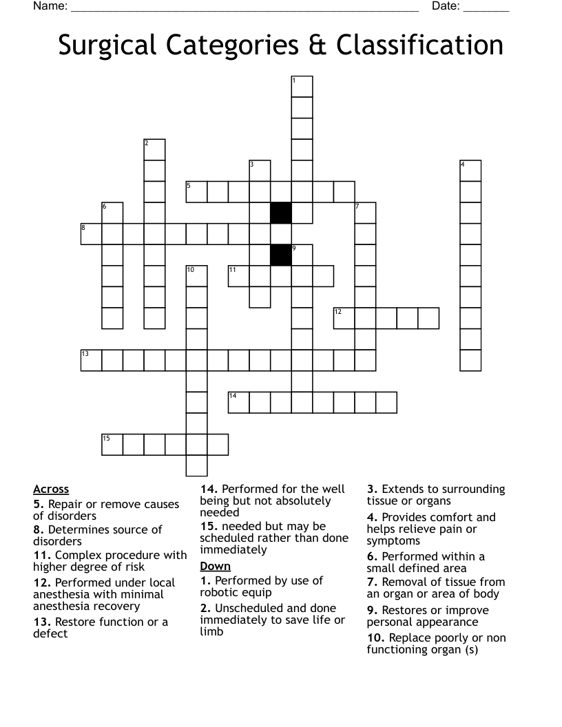 Surgical Categories & Classification Crossword