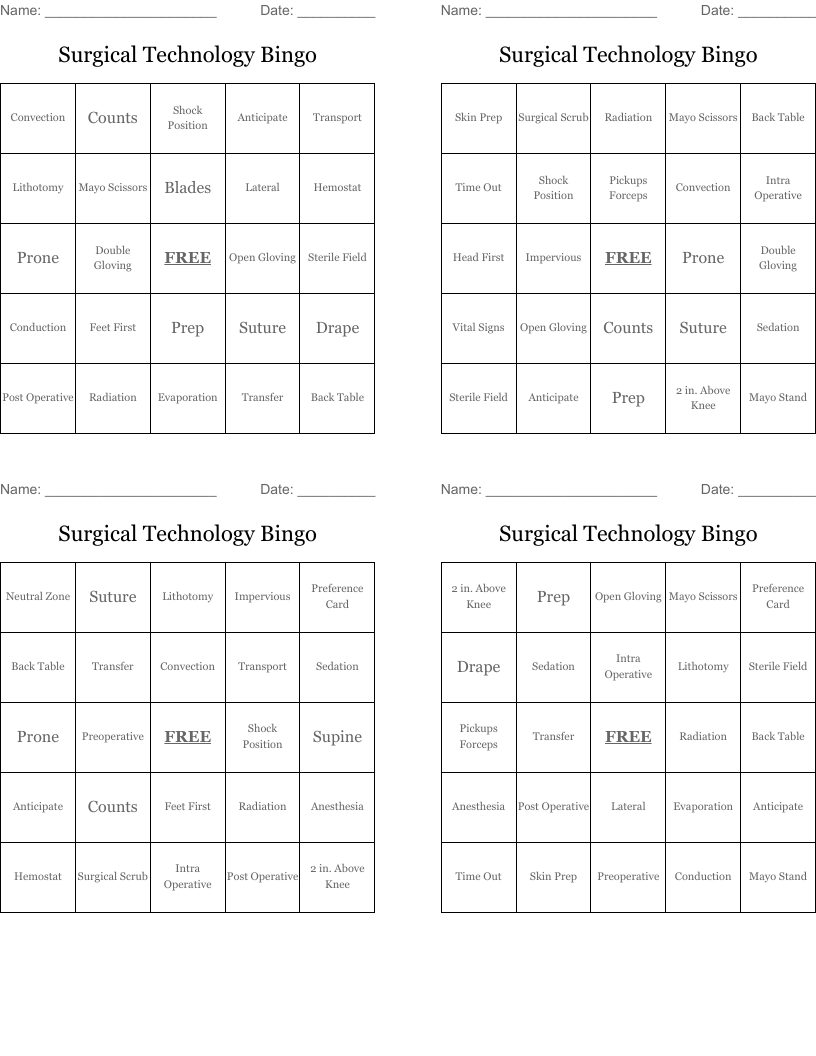 Surgical Technology Bingo