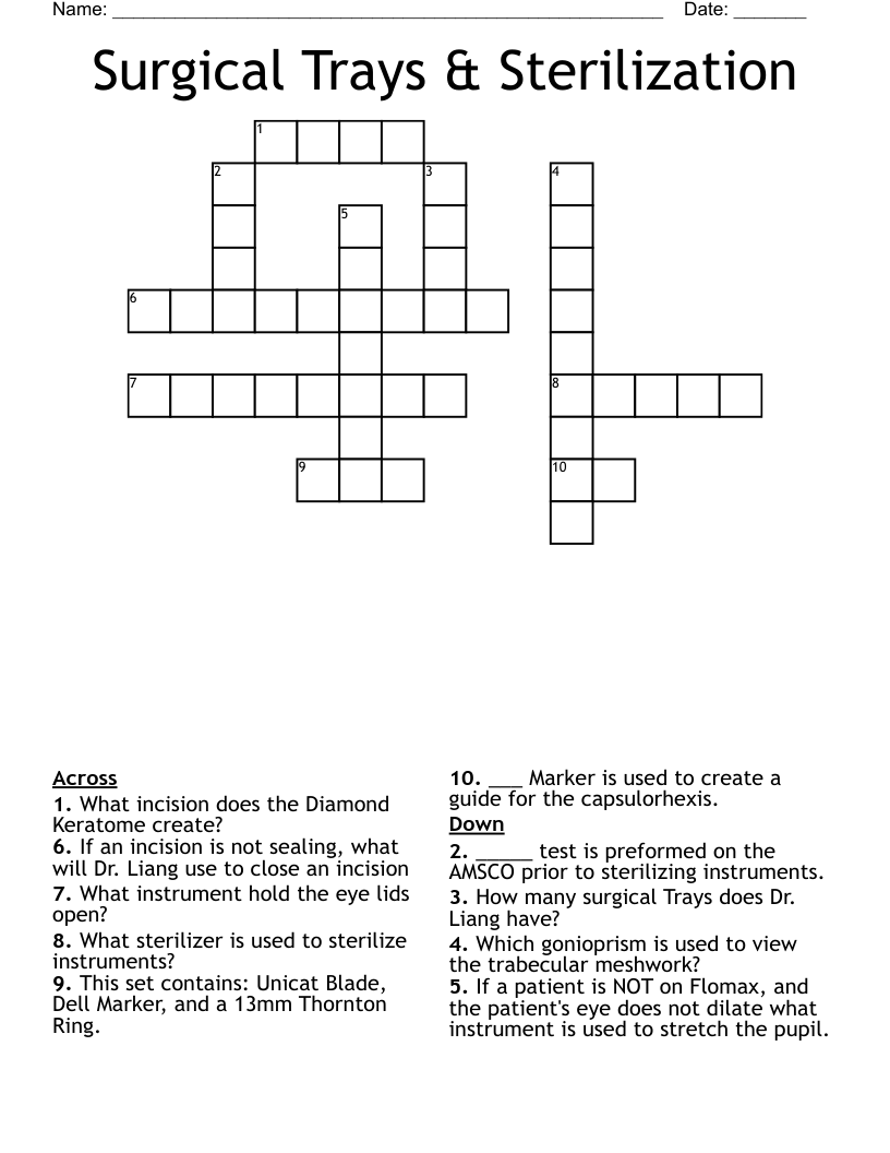Surgical Trays & Sterilization Crossword