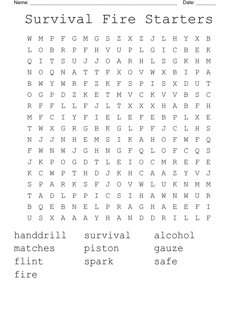 Survival Fire Starters Word Search