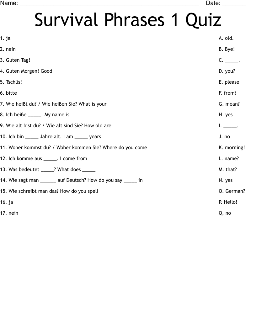 Survival Phrases 1 Quiz Worksheet