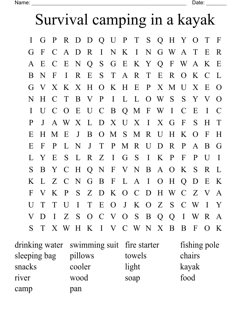 Survival camping in a  kayak Word Search