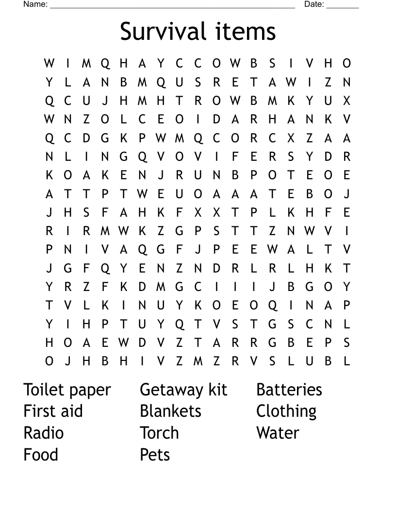 Survival items Word Search