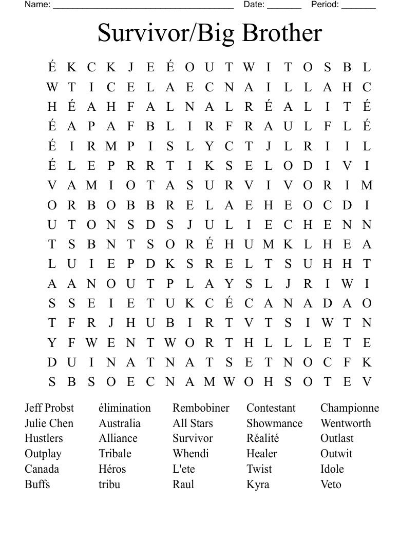 Survivor/Big Brother Word Search