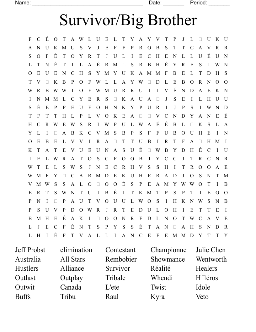 Survivor/Big Brother Word Search