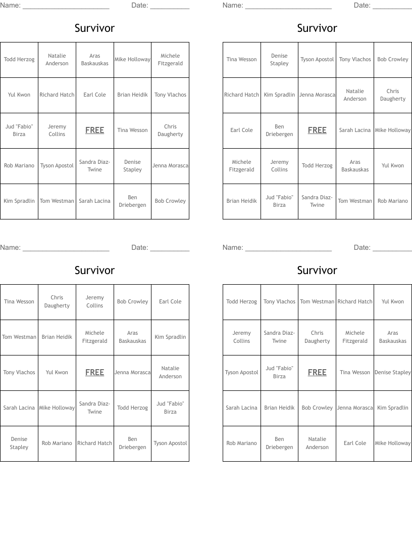 Survivor Bingo Cards