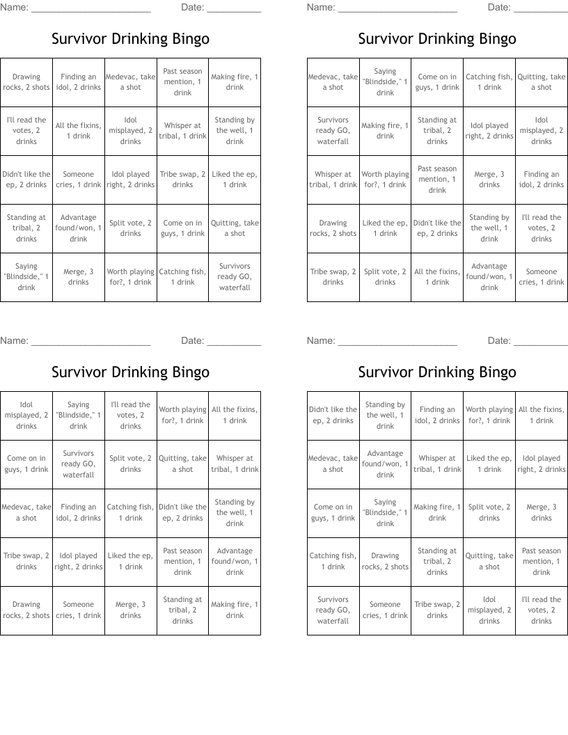Survivor Drinking Bingo