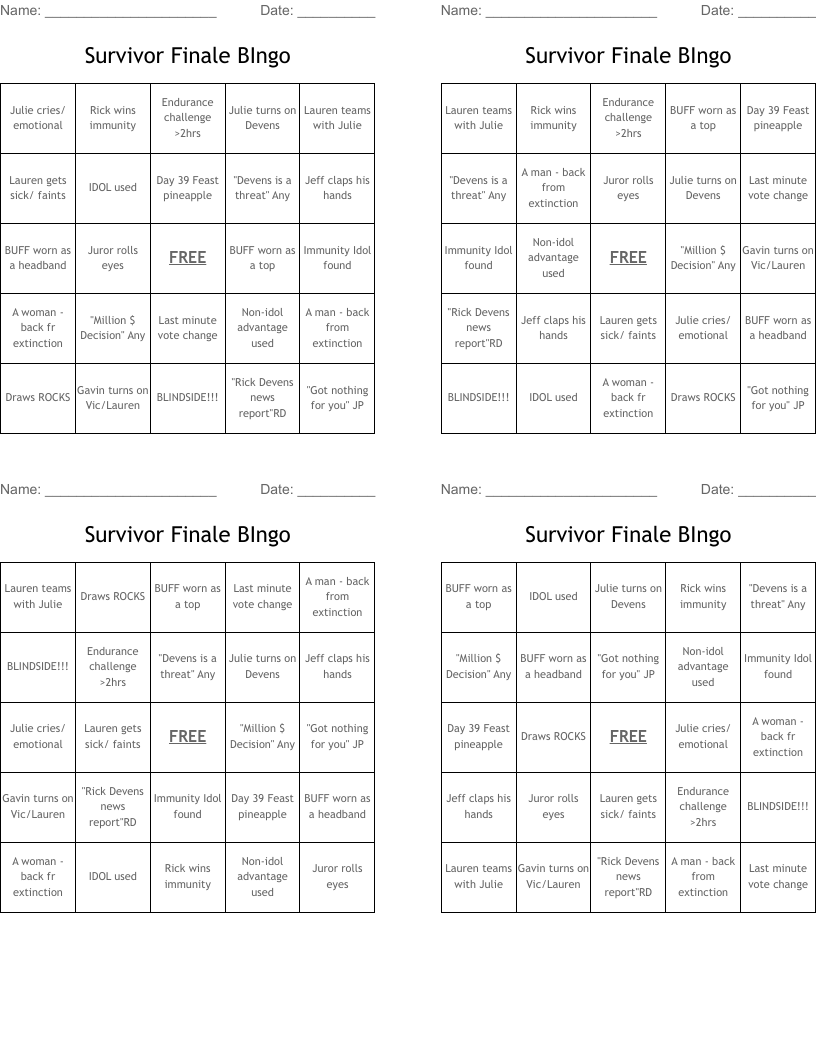 Survivor Finale BIngo