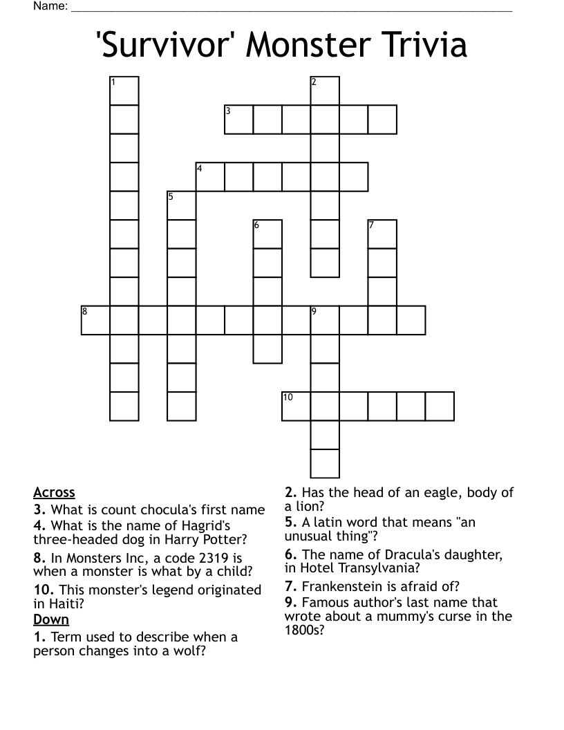 'Survivor' Monster Trivia  Crossword
