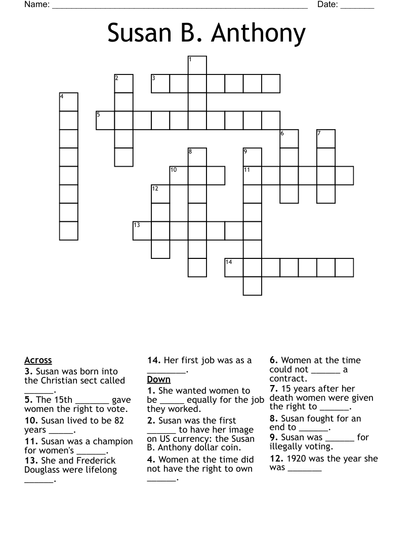 Susan B. Anthony Crossword