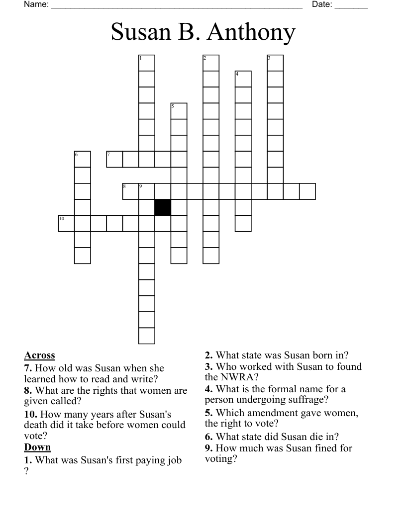 Susan B. Anthony Crossword