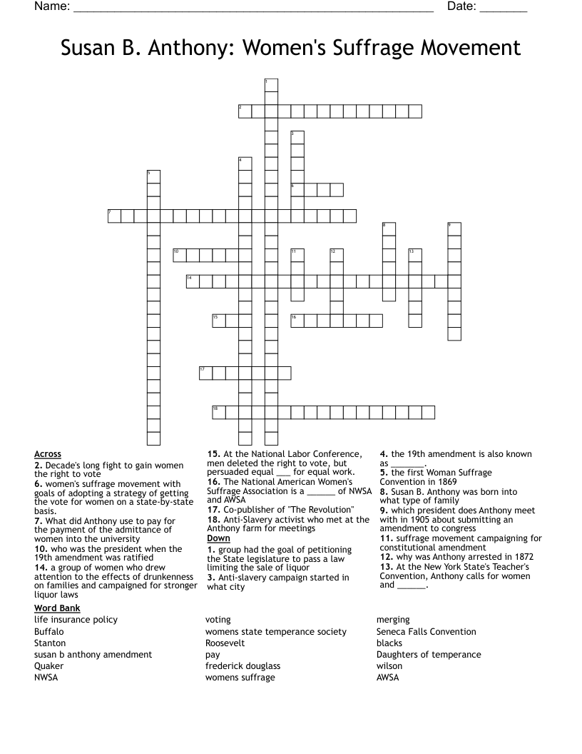 Susan B. Anthony: Women's Suffrage Movement Crossword