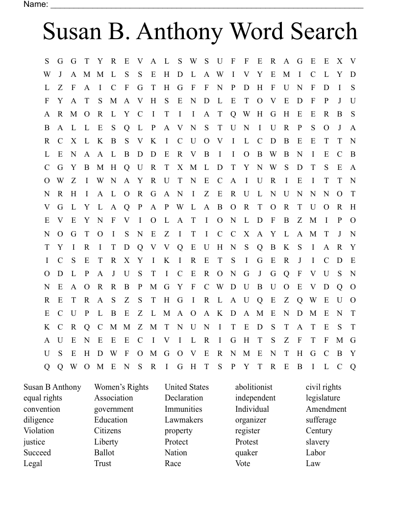 Susan B. Anthony Word Search