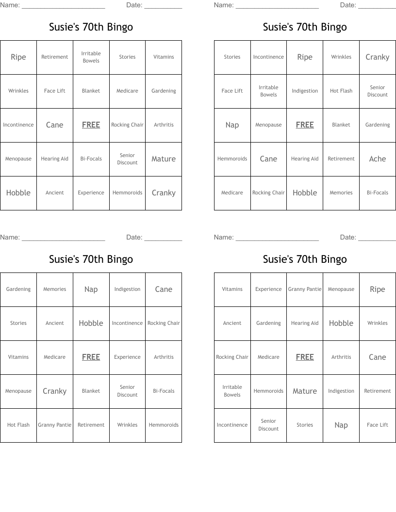 Susie's 70th Bingo