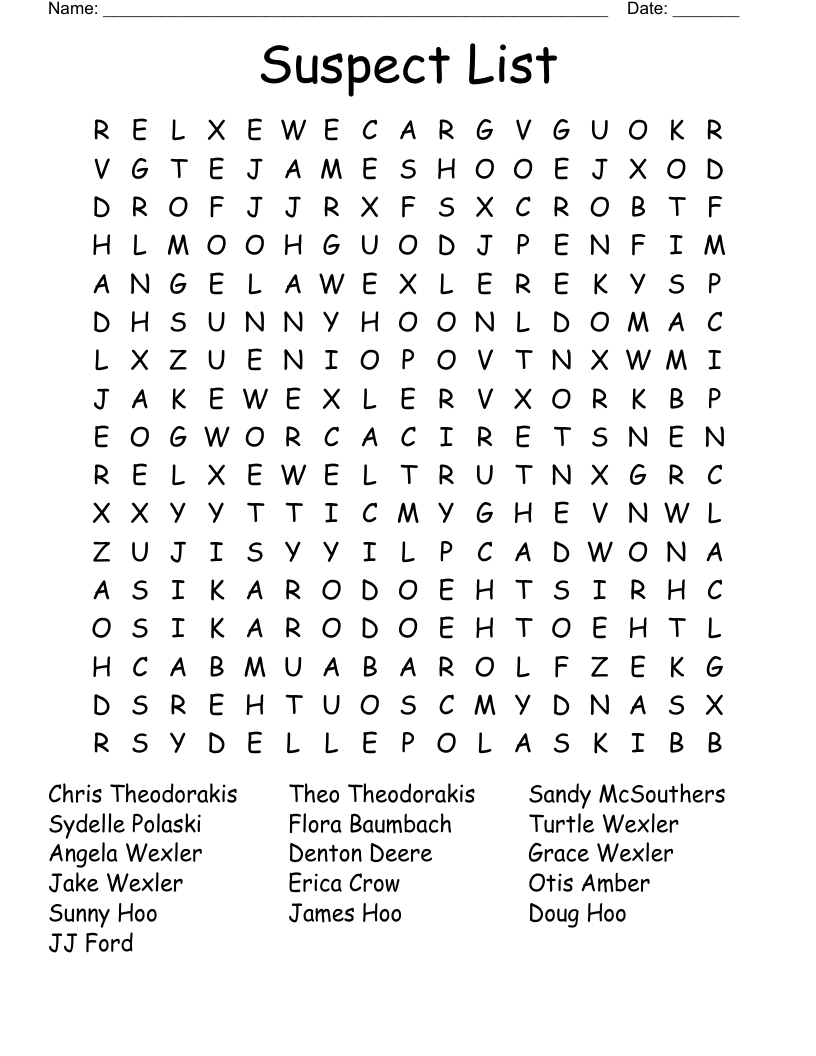 Suspect List Word Search