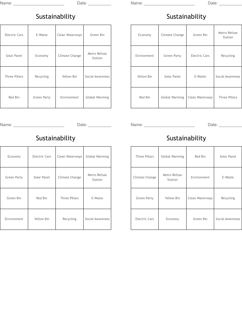 Sustainability Bingo Cards