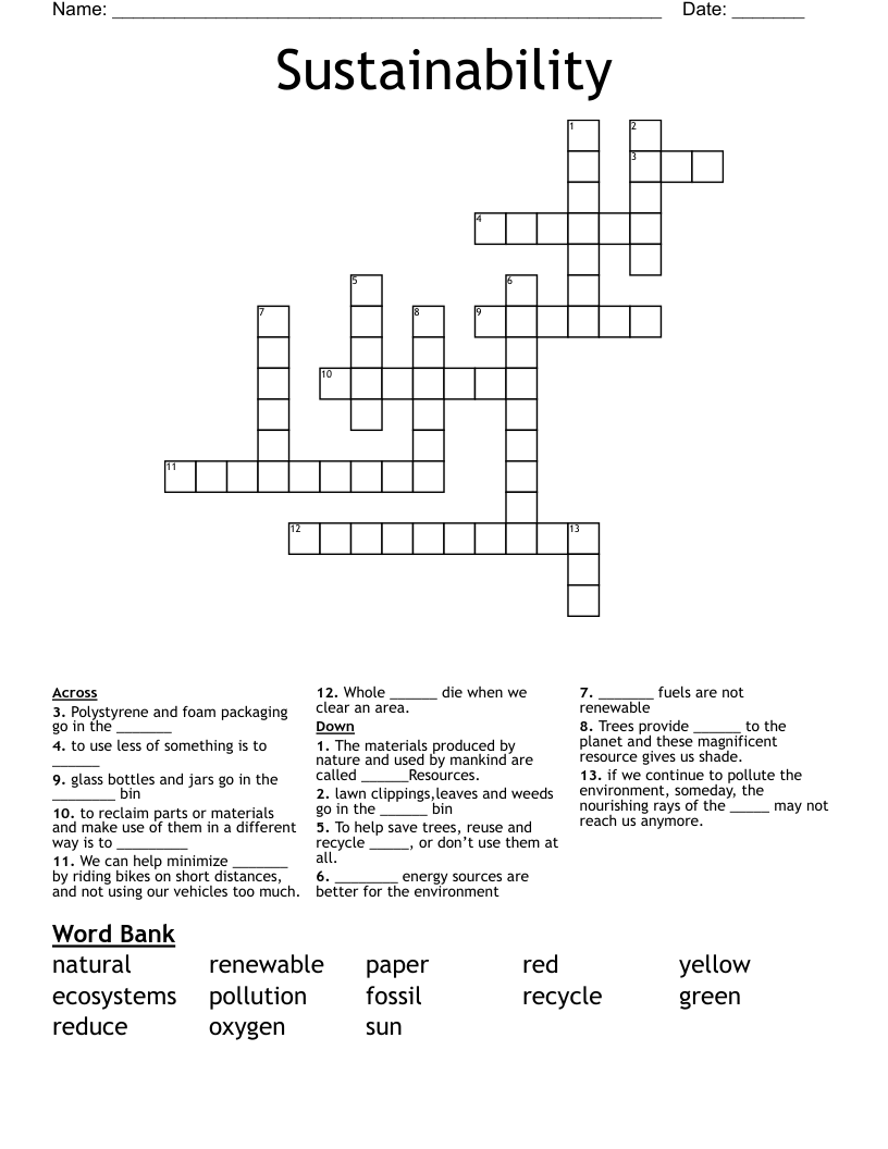 Sustainability  Crossword