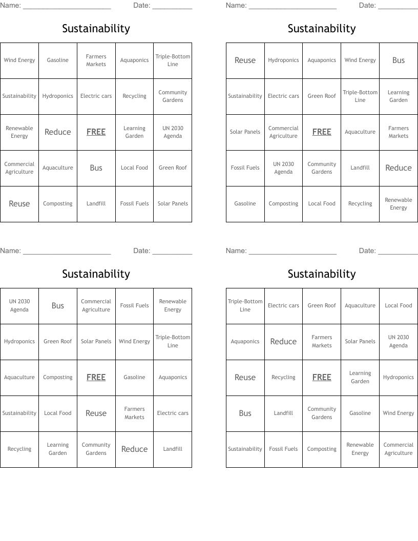Sustainability  Bingo Cards
