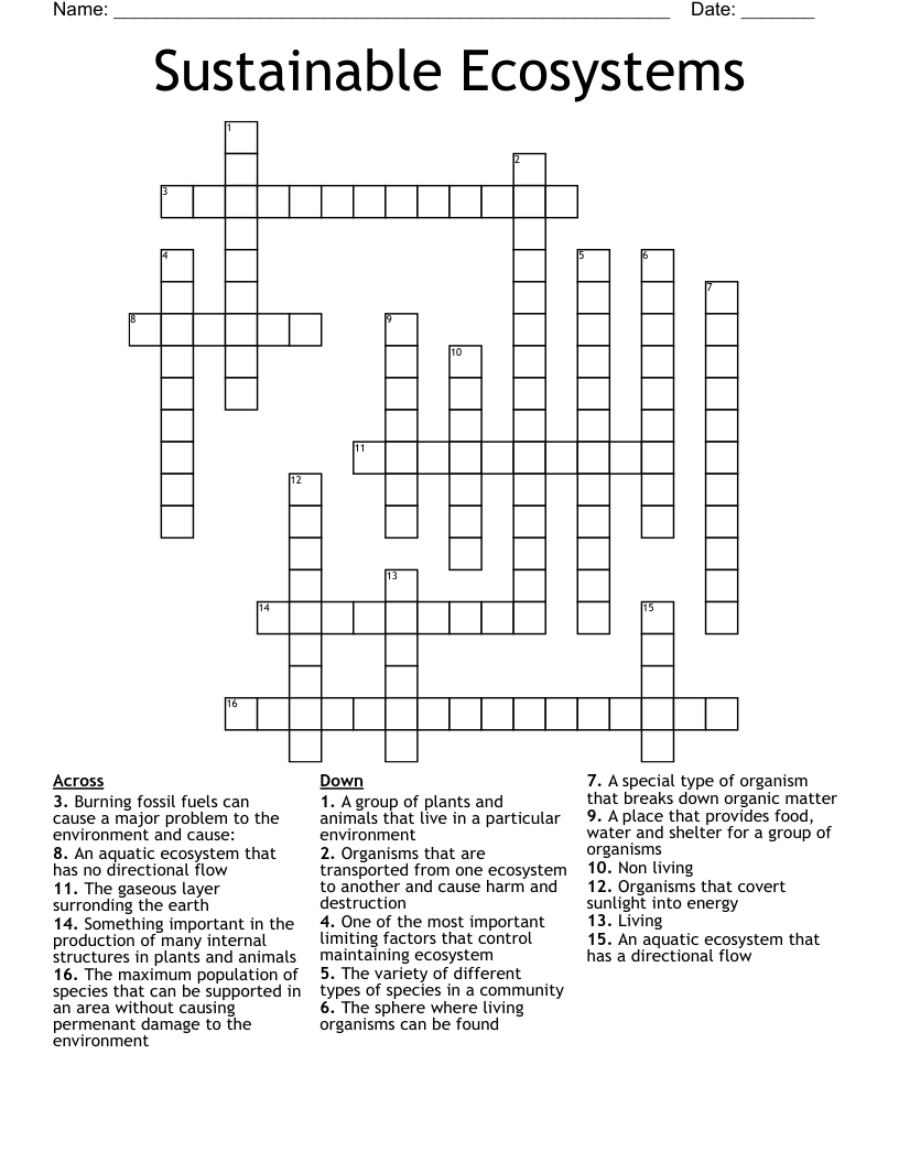 Sustainable Ecosystems  Crossword