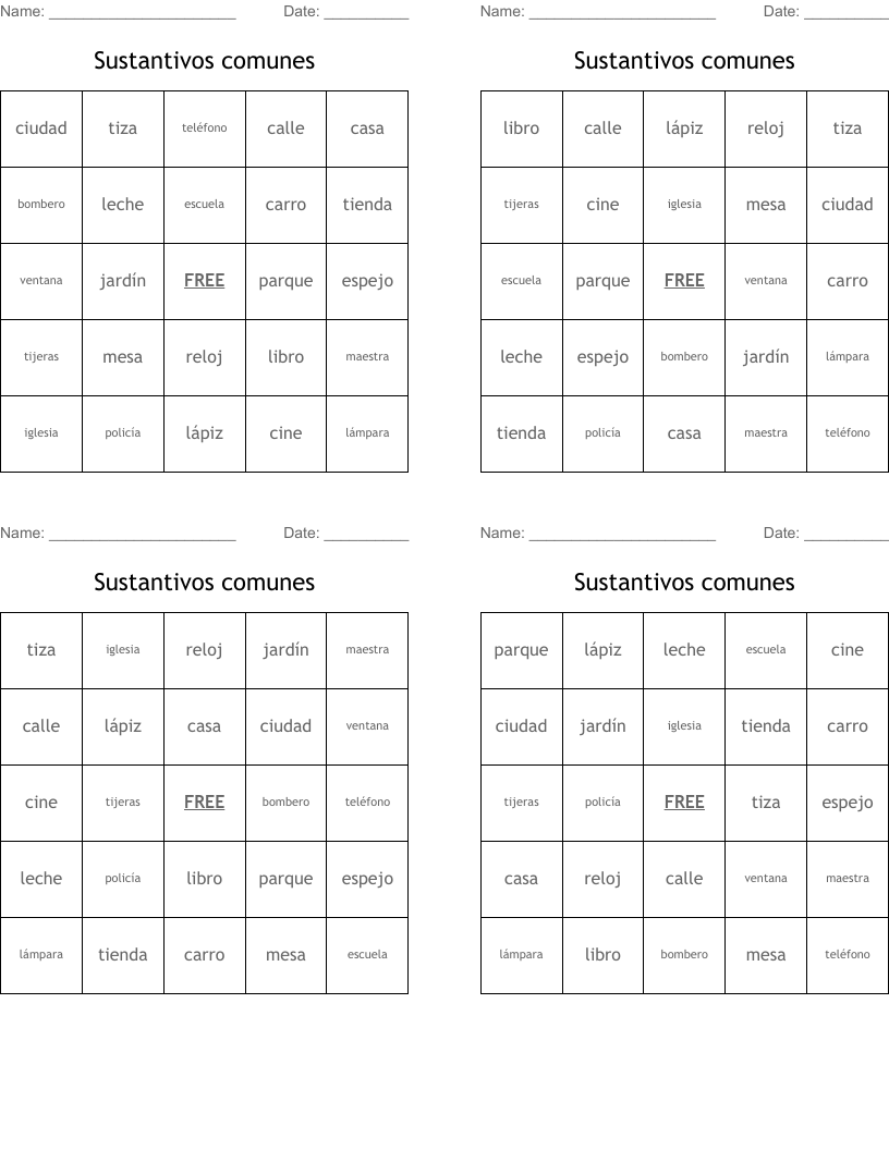Sustantivos comunes Bingo Cards
