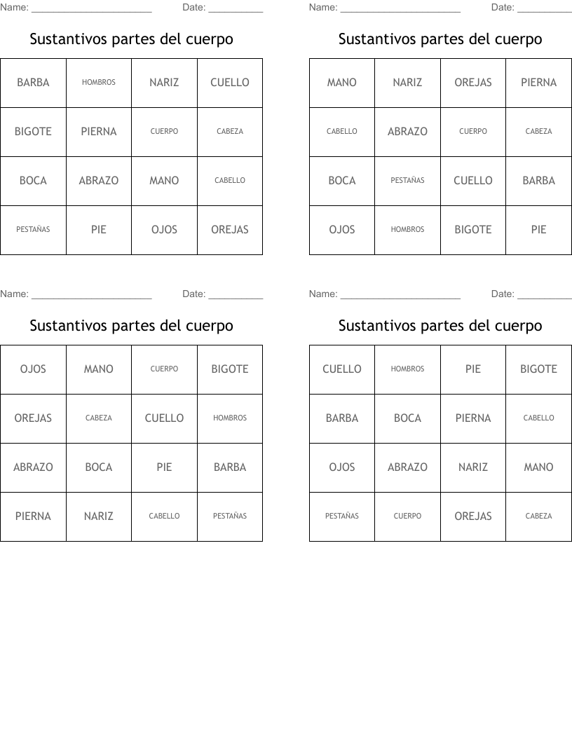 Sustantivos partes del cuerpo Bingo Cards