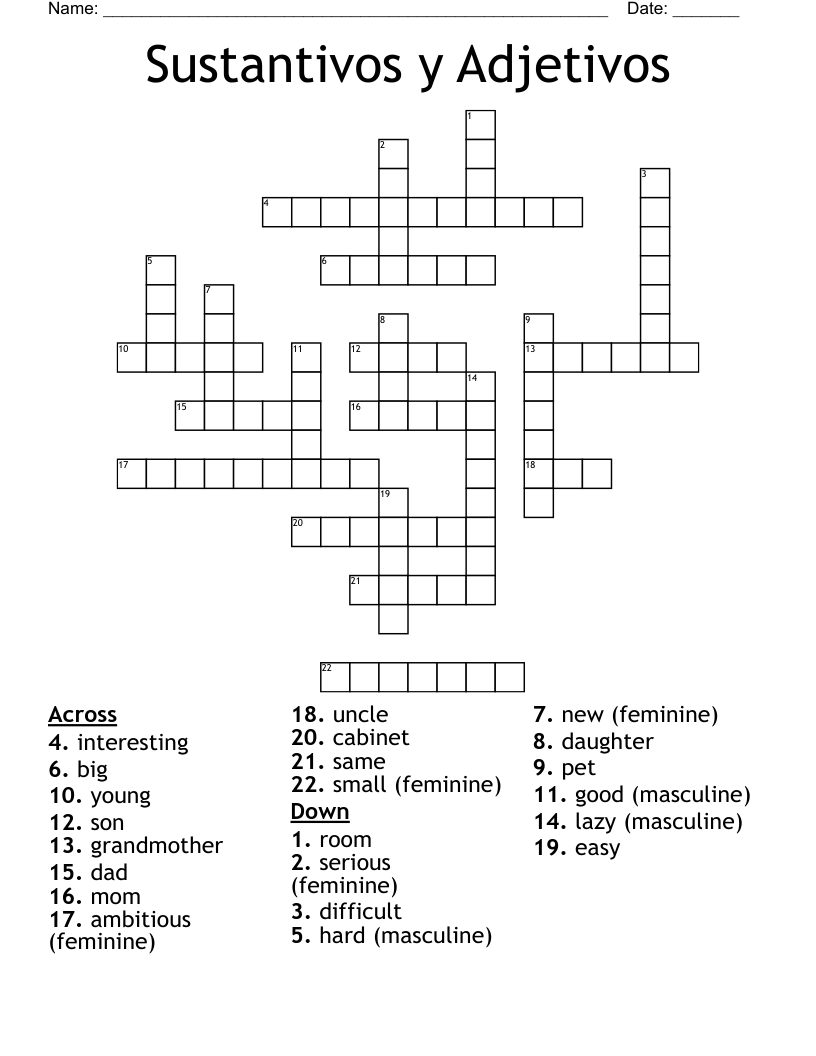 Sustantivos y Adjetivos Crossword