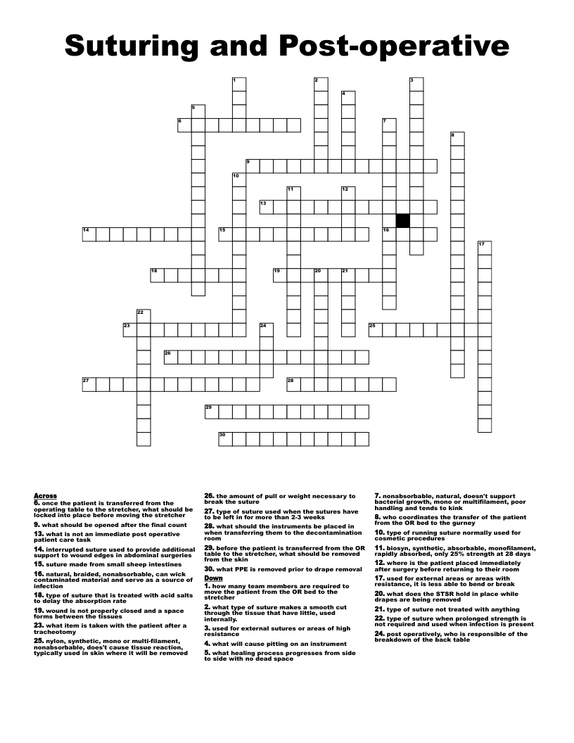 Suturing and Post-operative  Crossword
