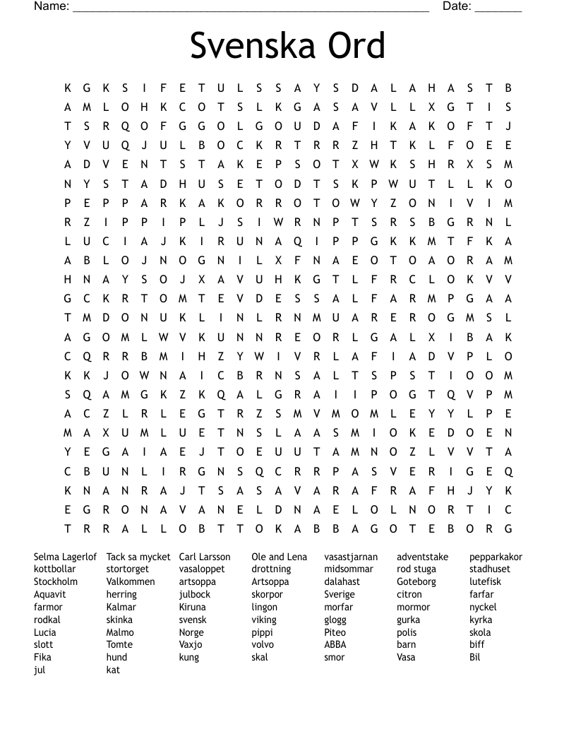 Svenska Ord Word Search