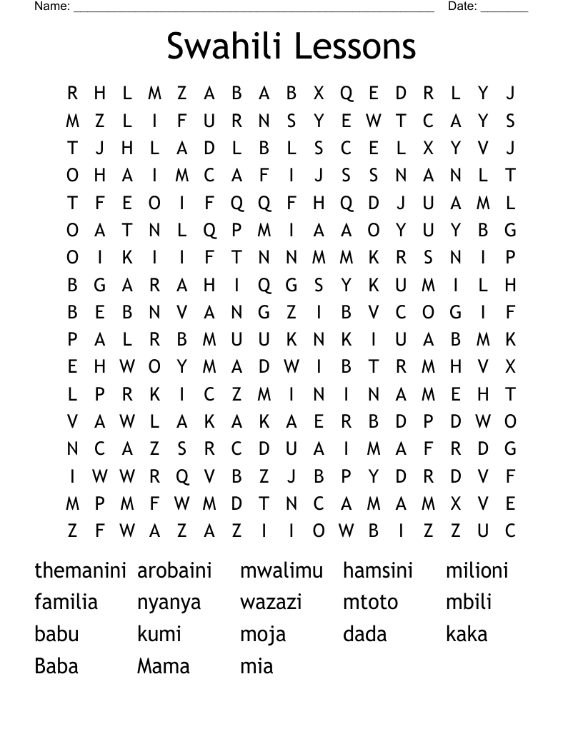 Swahili Lessons Word Search