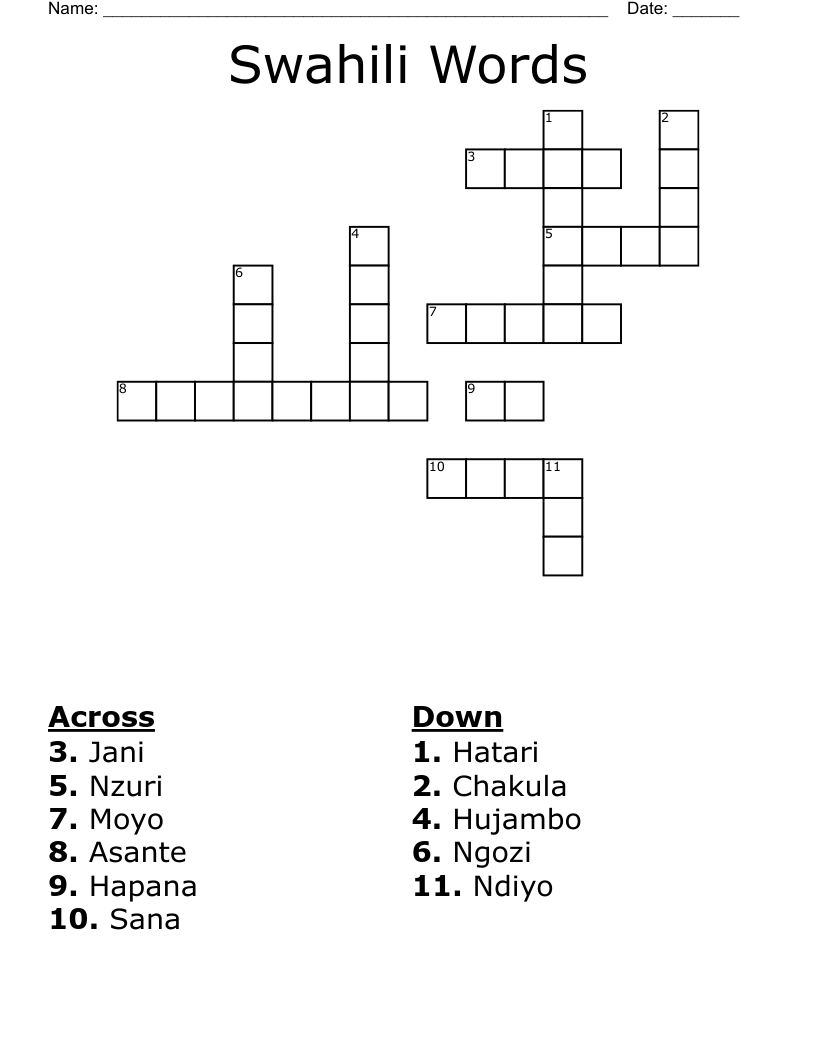 Swahili Words Crossword